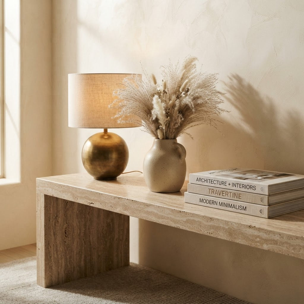 A styled interior detail with a brass lamp and travertine console
